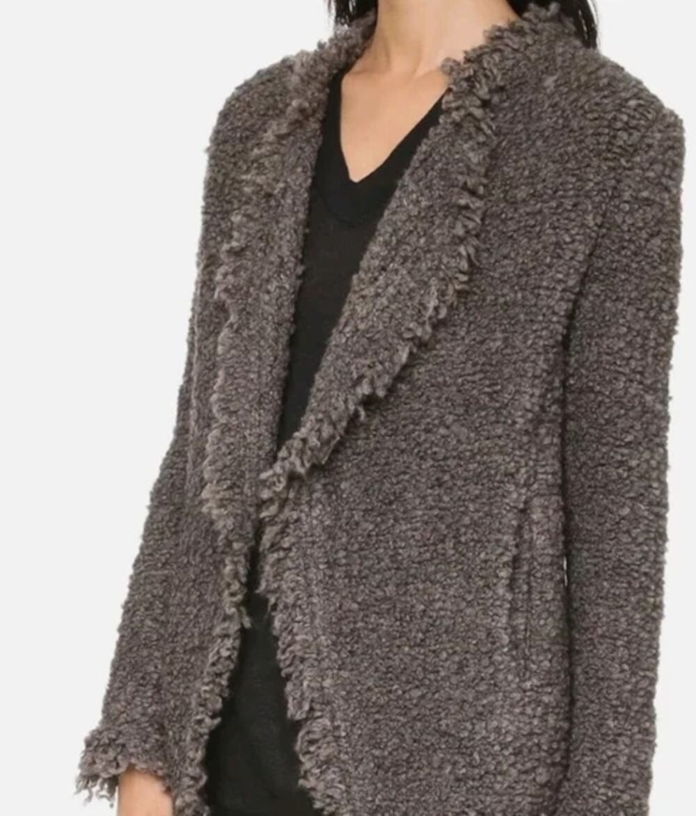 IRO Campbell Fuzzy Boucle Knit Mohair Open Front Fringe Cardigan Brown Size 38/M
